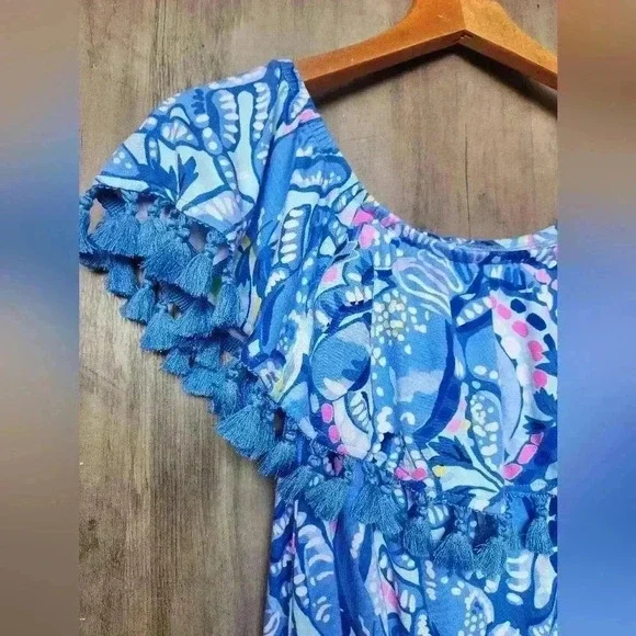 Lilly Pulitzer La Fortuna Blue Peri Pinch Romper Womens Off The Shoulder Sz 2XS - Picture 7 of 11